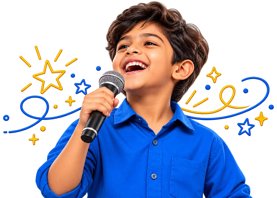 Boy speaking confidently into a microphone