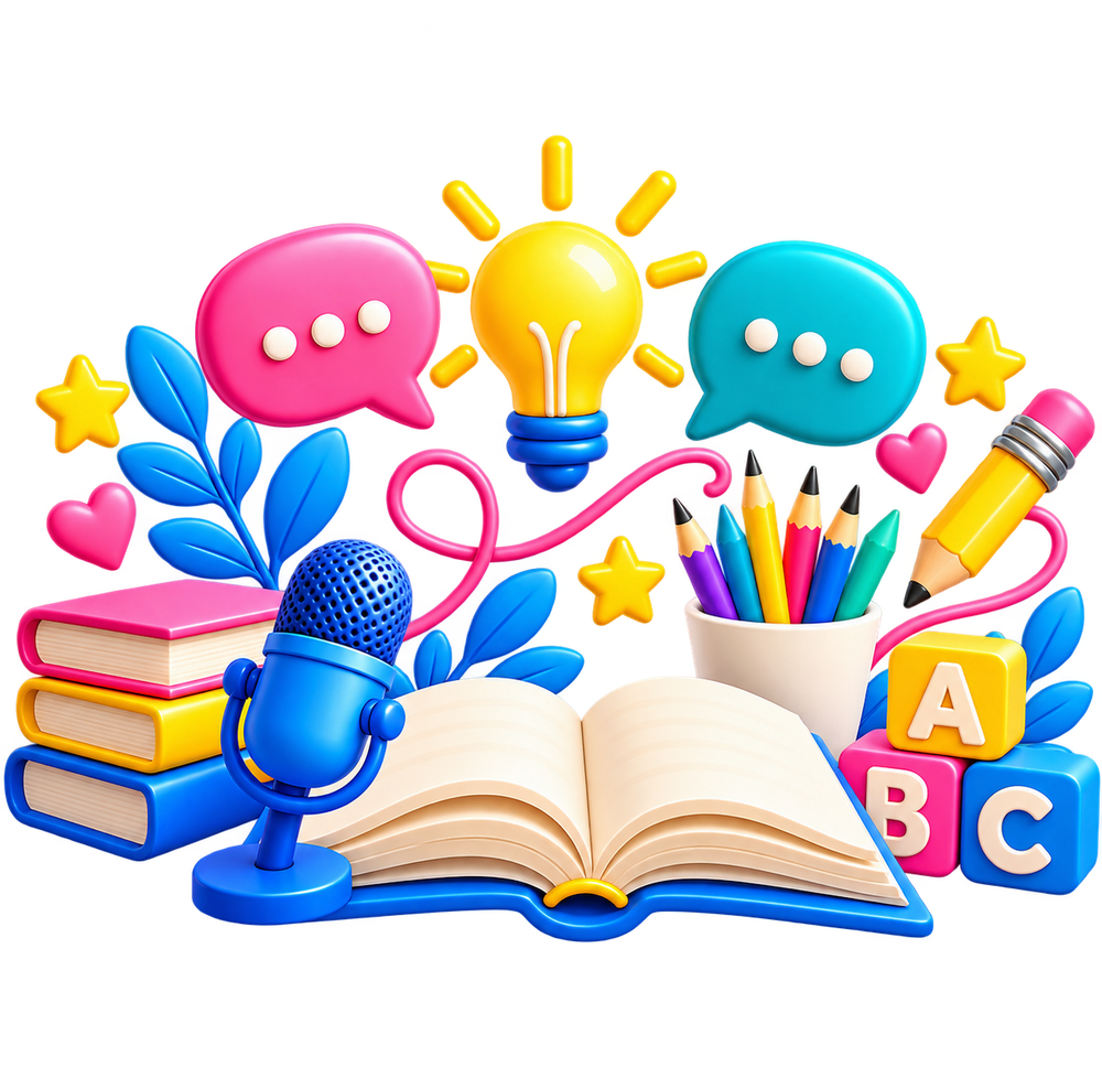 Illustration of books, a microphone, a lightbulb and creative writing doodles representing Diksha Path's public speaking and creative writing programs
