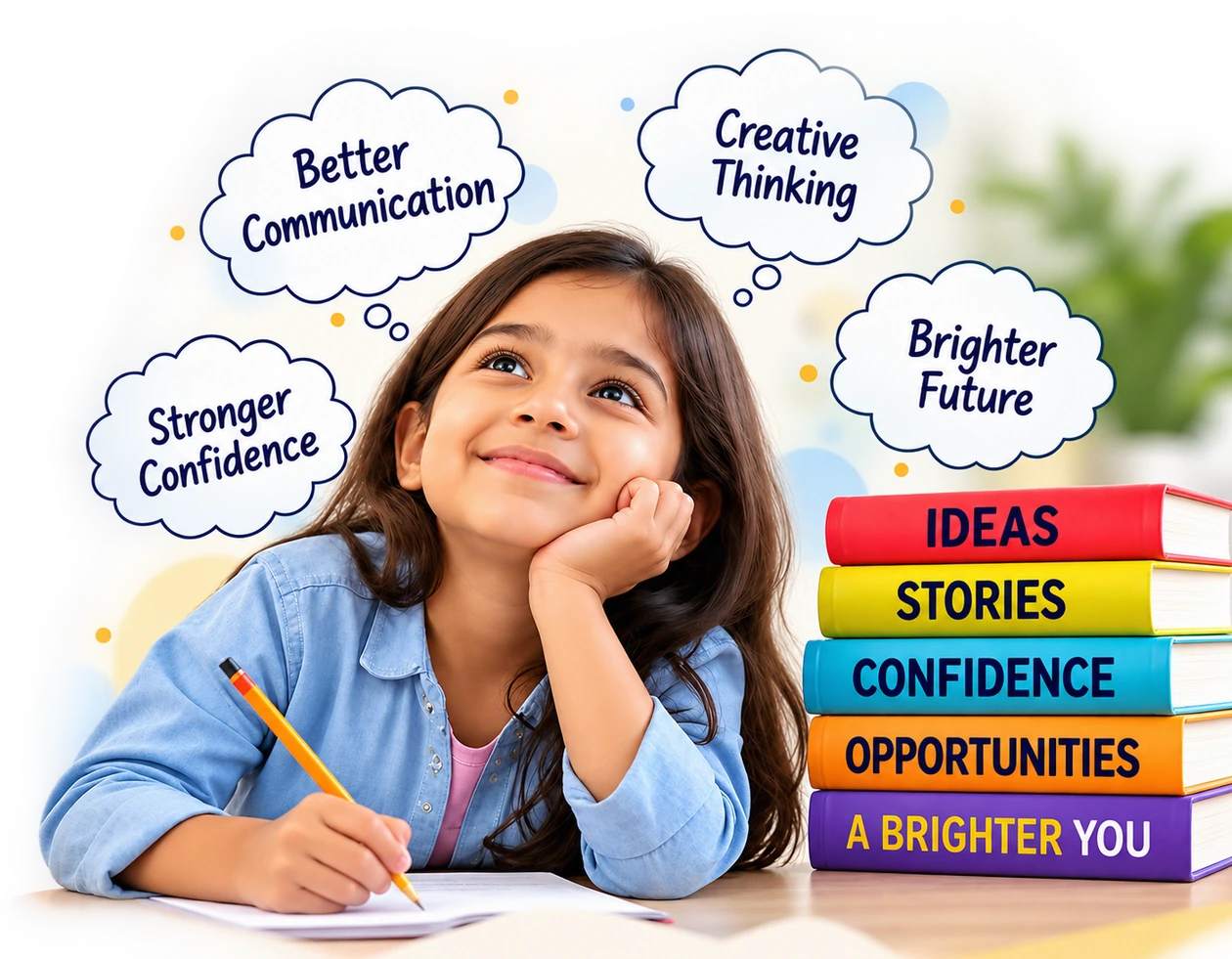 Smiling girl writing with thought bubbles: Better Communication, Creative Thinking, Stronger Confidence, Brighter Future